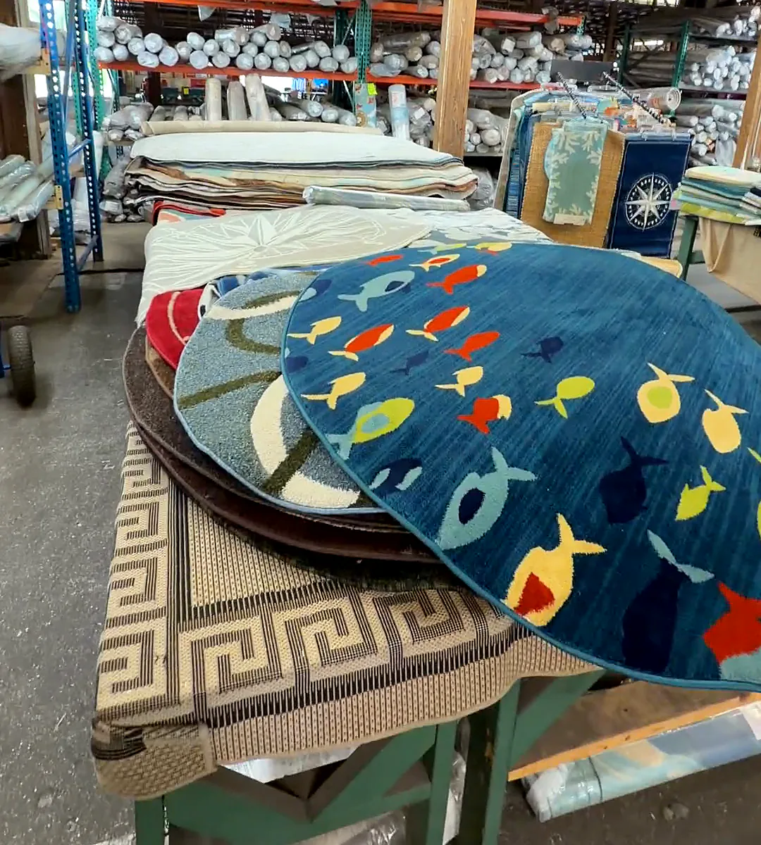 Round rugs fanned on a table, the top one navy with bright fish, over a rug with a Greek key border.